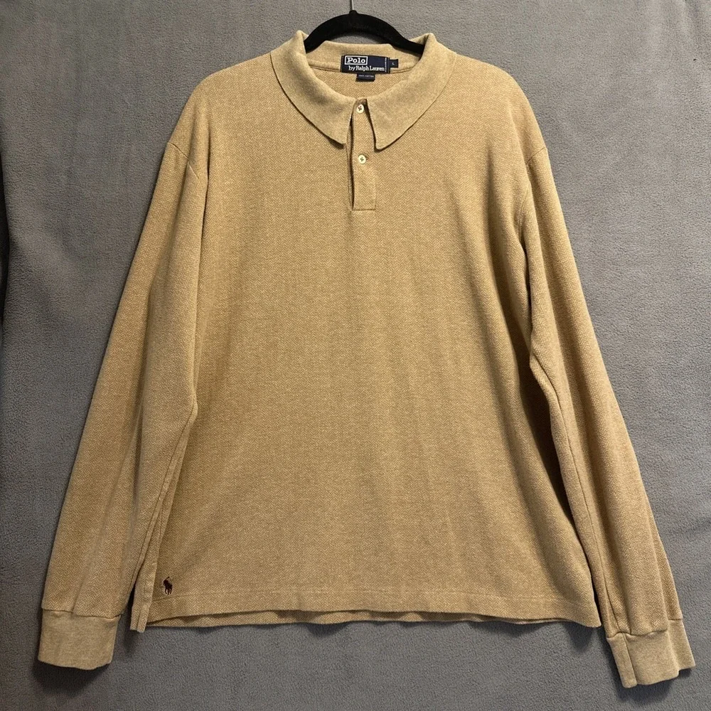 VTG Polo Ralph Lauren Herringbone Polo Shirt L/S Mens L Tan Heritage Old Money